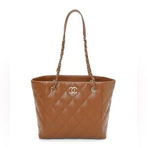 Authentic CHANEL Calfskin Quilted Small CC Shopping Tote Camel Dark Beige